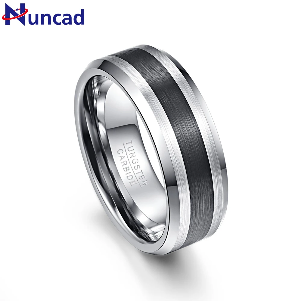 

NUNCAD Tungsten Carbide Ring 8MM Men's Ring Brushed Finish and Black Center Beveled Edge Size 5 to 14 Wedding Engagement Ring