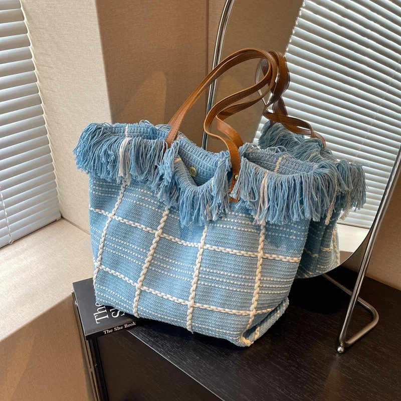 

Women Vacation Style Tote Bag Large Capacity Beach Bag Large-Capacity Women's Pink Printed Canvas Bag Tassel Shopping Handbag