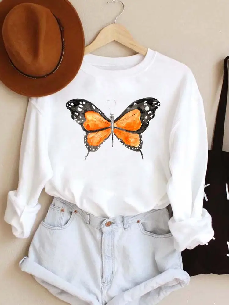 

Clothing Fall Autumn Spring Print Ladies Women Pullovers Cartoon Watercolor Butterfly Female Casual Woman Graphic Sweatshirts