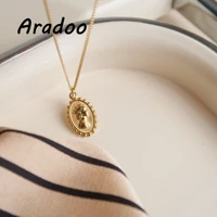 aradoo titanium steel 18k gold plated woman side face pendant necklace simple vintage coin queen necklace