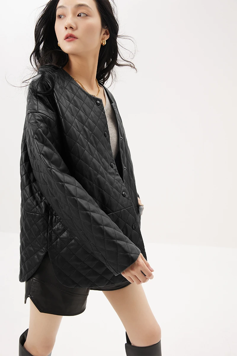 Design Fashion High Quality Luxury  Covered Button  Pockets  Autumn/Winter  Real Leather Jacket Women Sheepskin O-Neck Coats