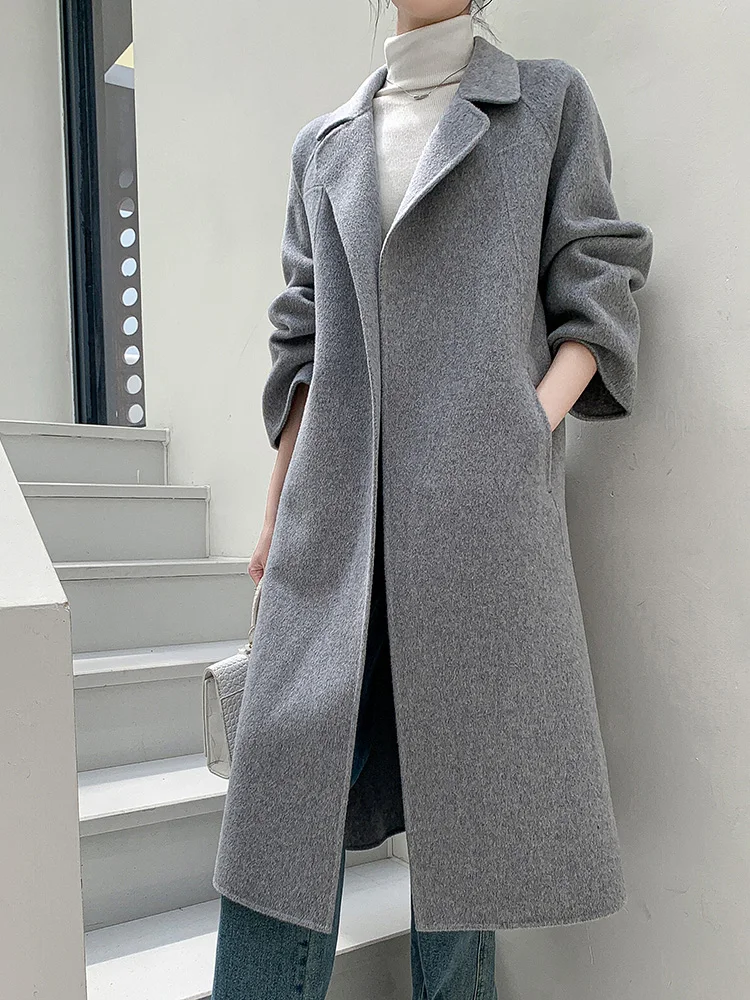 Облегающее Женское пальто на шнуровке двустороннее шерстяное из чистой шерсти