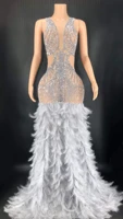 glitter sequin rhinestone maxi long dress women white pink birthday drag queen outfit feather sleeveless mermaid skirt wedding