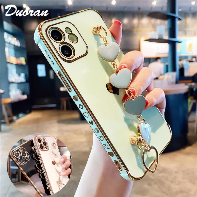 

Luxury Love Heart Wrist Chain Phone Case For iPhone 11 12 13 Pro Max XS X XR 7 8 Plus Mini SE 2020 Plating Bumper Back Cover