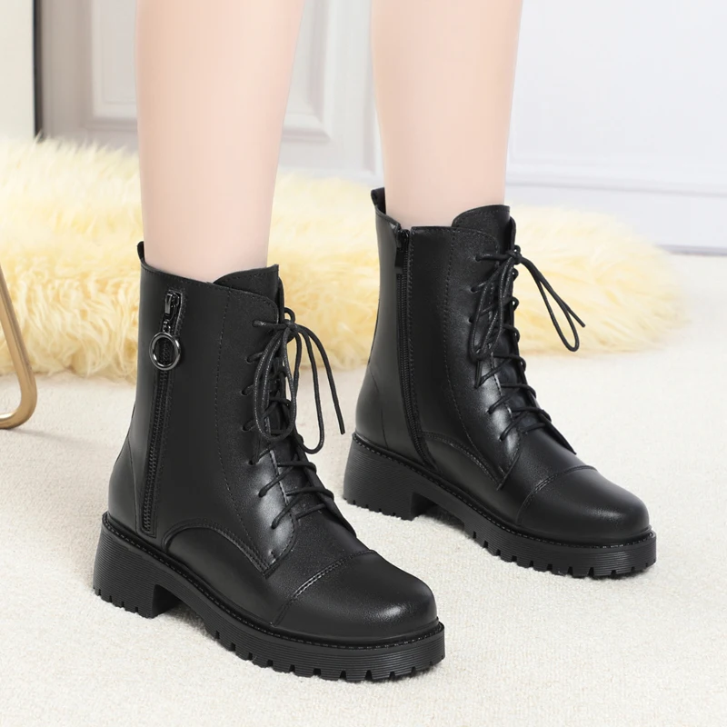 DIMANYU Winter Short Boots Women Large Size Wool Warm Women Motorcycle Boots British Style Genuine Leather Women Snow Boots