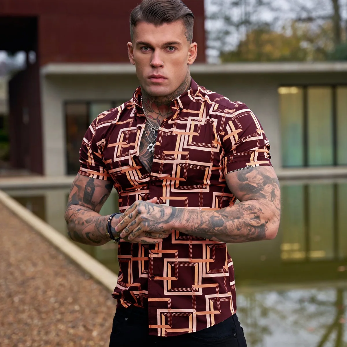 2022Summer thin casual lapel light luxury 3D digital printing shirt trend men's outdoor social cocktail party T-shirt