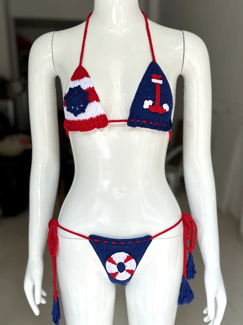 Комплект микро-бикини морской капитан вязаный крючком хлопковый купальный