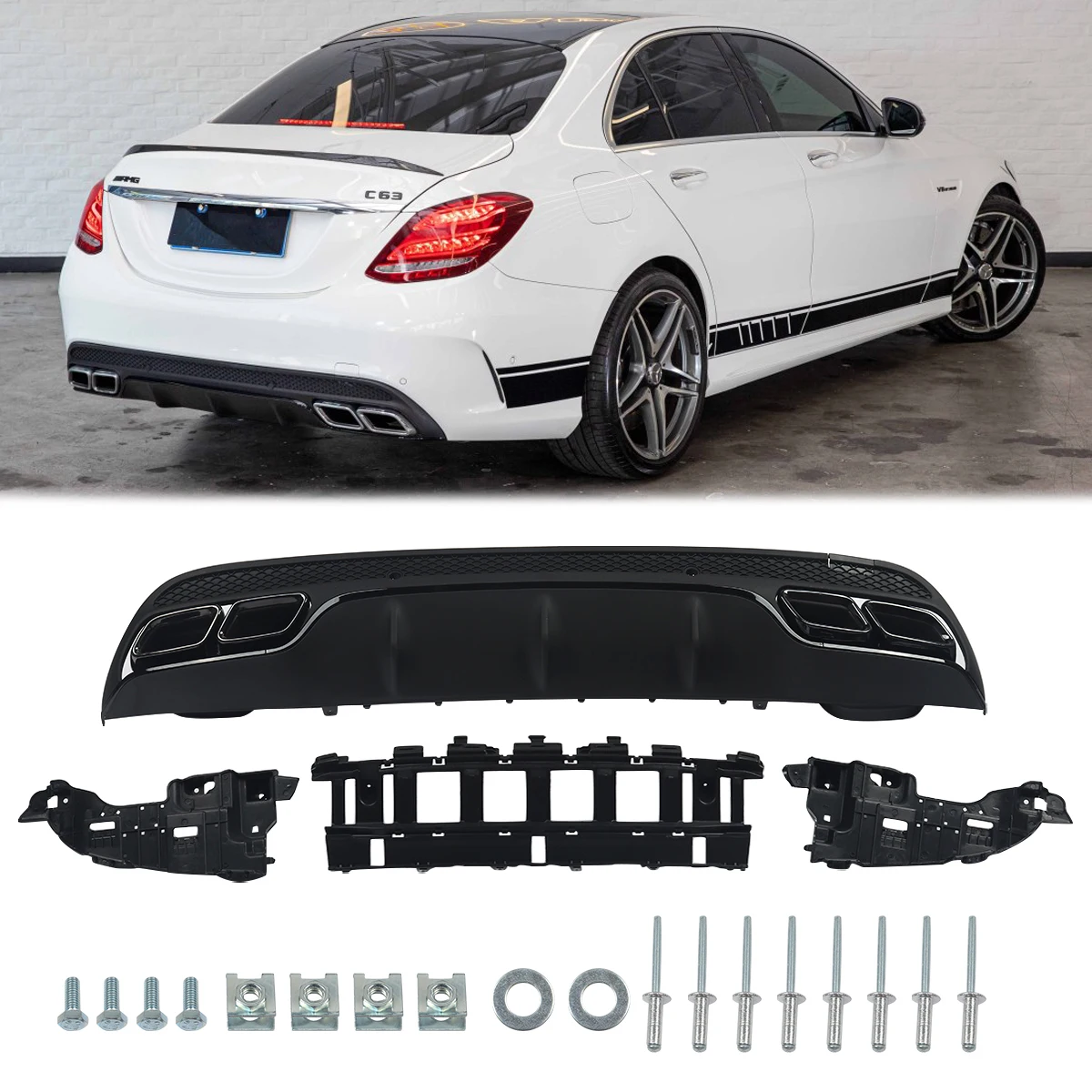 Diffuser + Exhaust Tips C63 Style for Mercedes Benz C Class W205 S205 AMG Line Rear Bumper Diffuser Lip 2015 2016 2017 2018