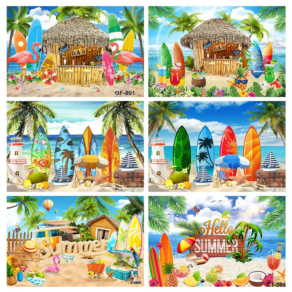 Summer Aloha Hawaii Tropical Flower Photography Backdrop Beach Sea Bar Flamingo Baby Birthday Party Photographic Background Prop