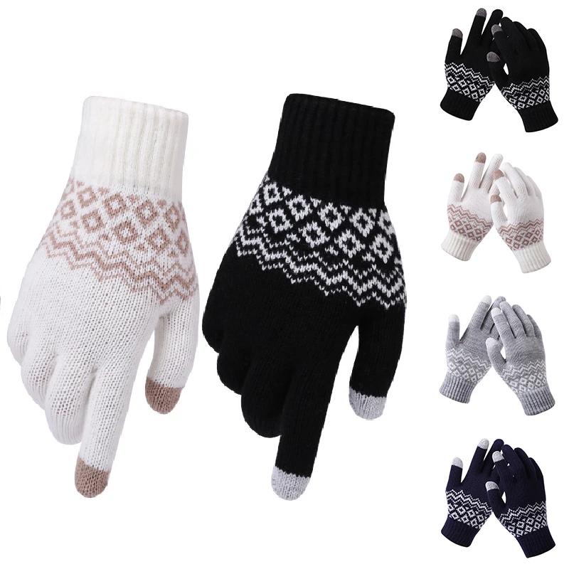 

Winter New Fashion Warm Touch Screen Gloves Kitted Woolen Mittens Men Women Cashmere Geometric Crinkle Outdoor Gloves Luvas Gift
