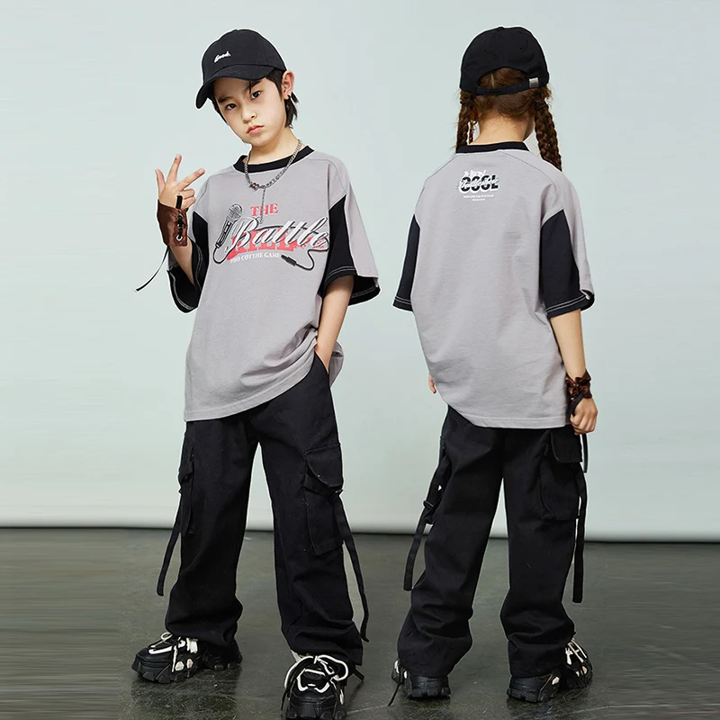 

Детская одежда в стиле хип-хоп, уличный костюм Dnace для мальчиков и девочек, уличная одежда для джазовых танцев, серые топы, черные брюки-карго, DL10434