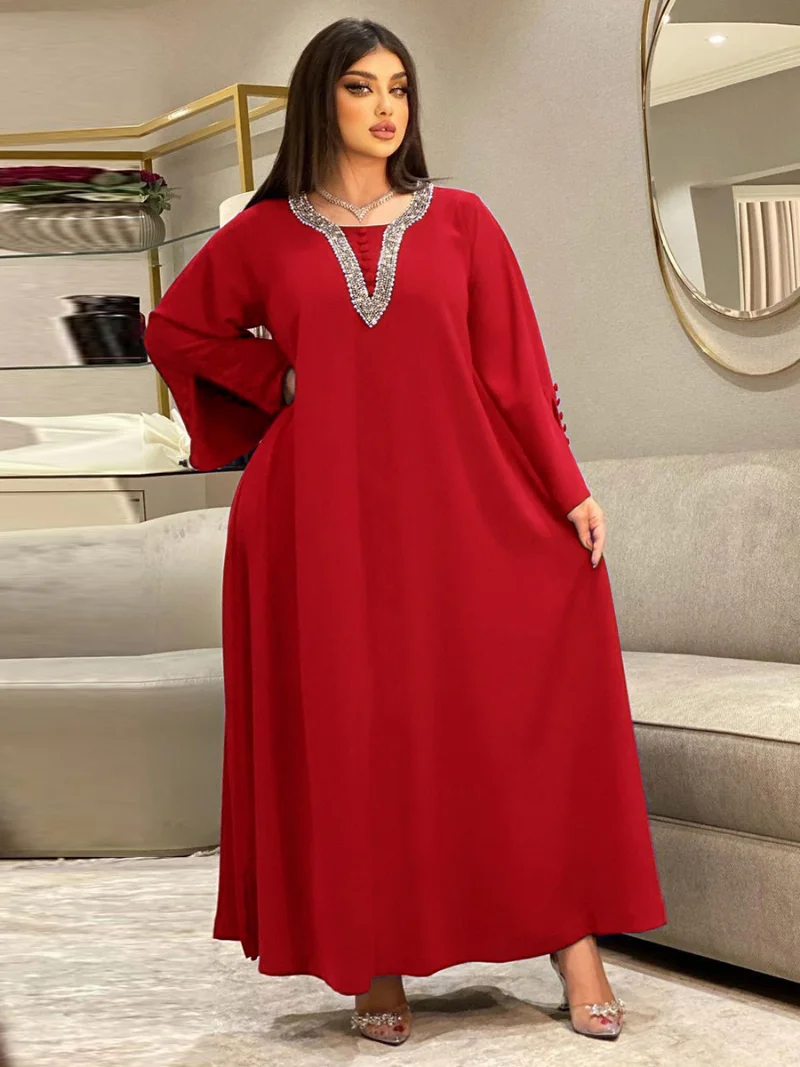 Muslim Woman Abaya Rhinestone Casual Loose Modest Dress Islam Oman Qatar Moroccan Kaftan Dubai Luxury Dresses For Prom