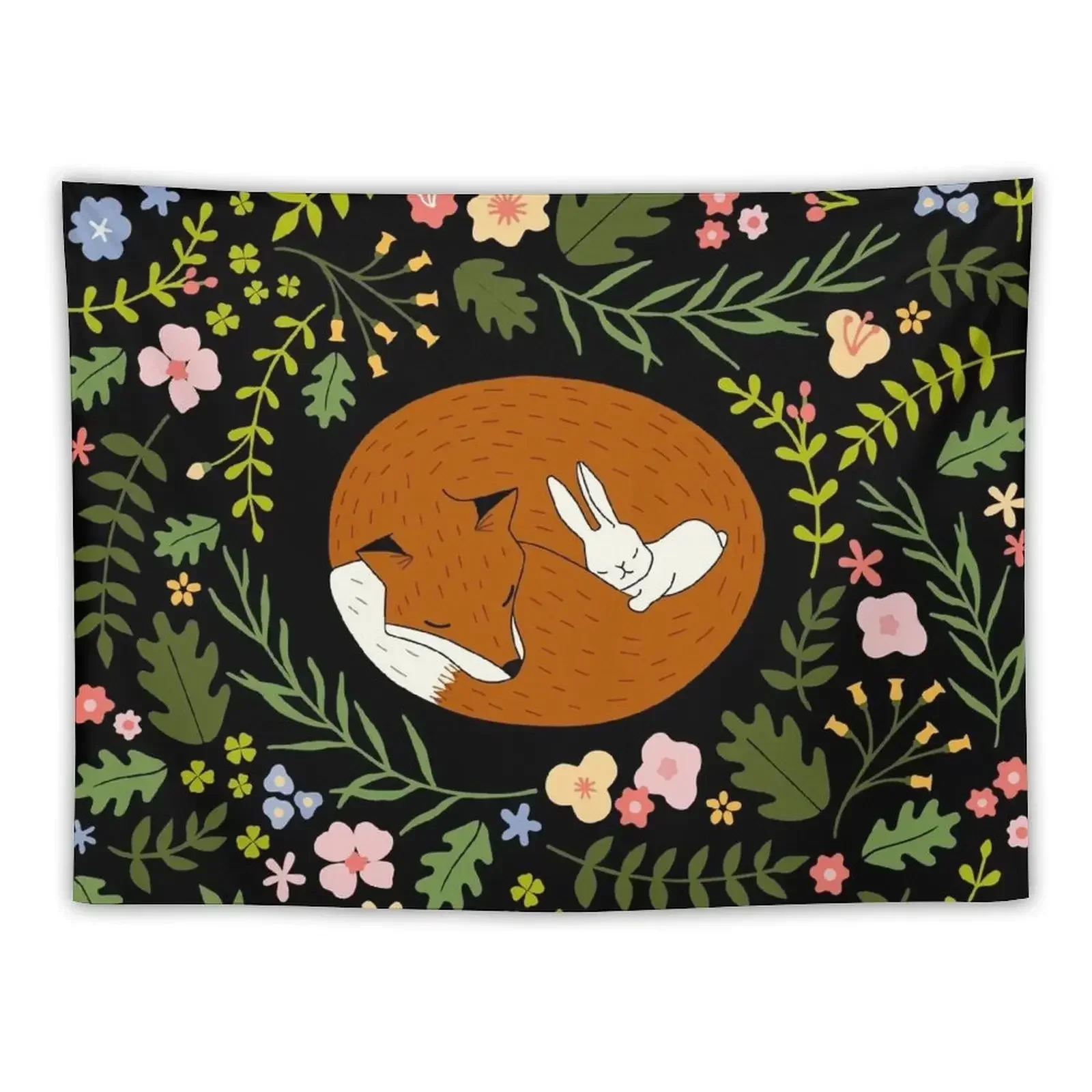 Дружба Fox-Rabbit_BgЧерный гобелен для комнаты Эстетический декор Обои Домашний