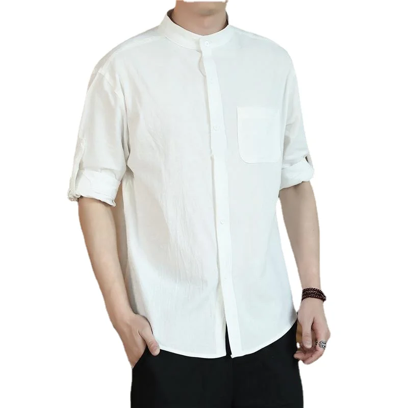Men's Casual Blouse Cotton Linen Shirt Loose Tops Breathable Tee Shirt Spring Summer Solid Handsome Men Shirts Husband 5XL E64
