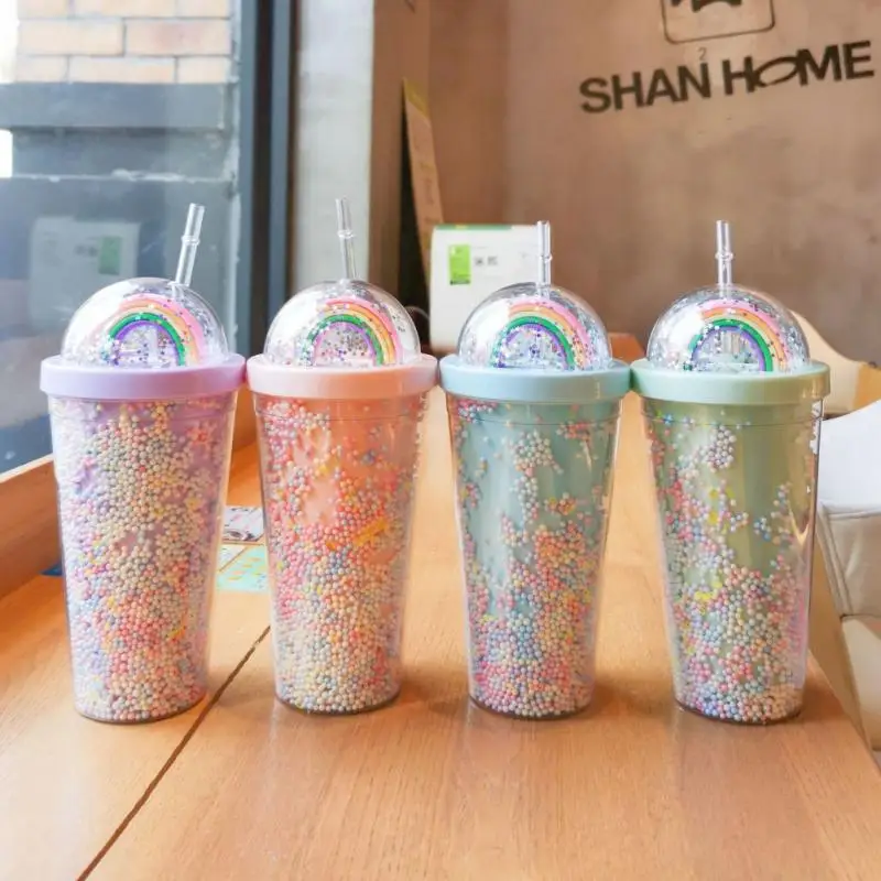 

550ml Water Cup With Straw Leakproof Creative Rainbow Bubble Bottle Sequined Glitter Juice Coffee Mug Portable Plastic Cup