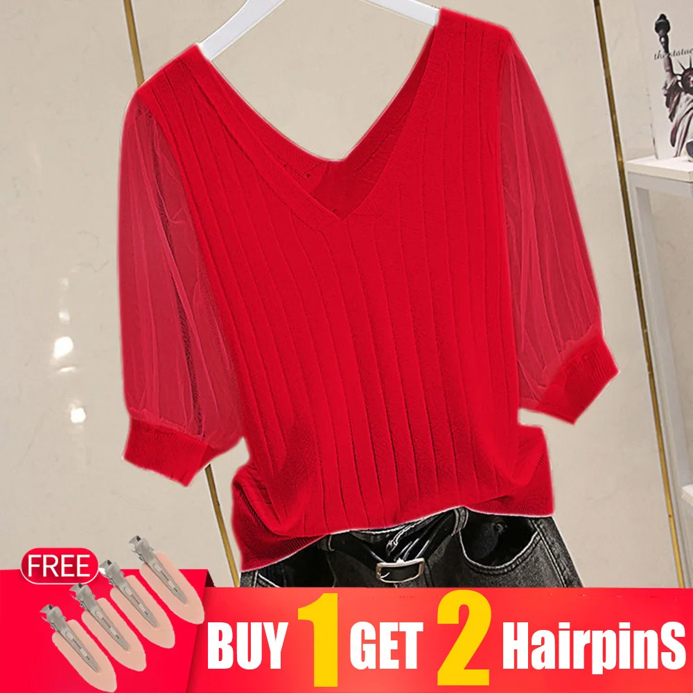 

Women's 2022 ice silk t-shirt half sleeve spring and summer new slim fit t-shirt mesh stitching puff sleeve V-neck t-shirts