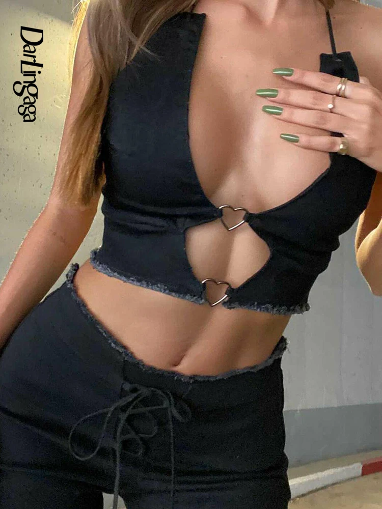 

Darlingaga Streetwear Halter Neck Ring Black Denim Top Women Backless Cut Out Sexy Summer Crop Tops Skinny Burr Club Party Camis
