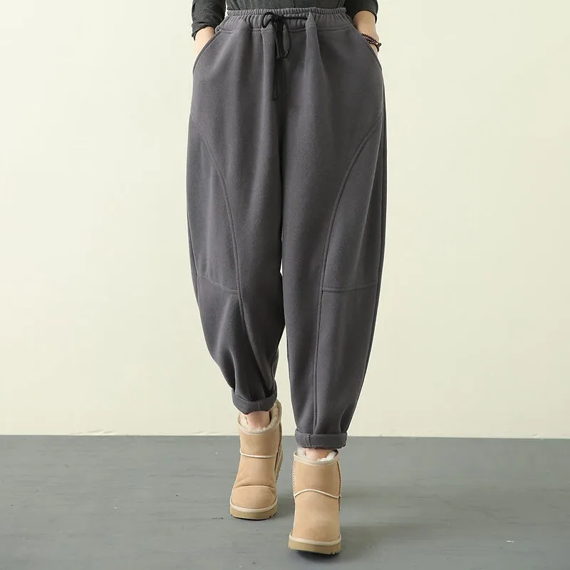 

Autumn Winter Arts Style Women Elastic Waist Thicken Warm Loose Pants All-matched Casual Cotton Solid Harem Pants Plus Size V143