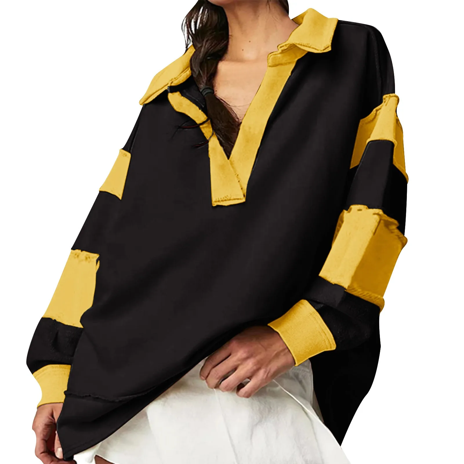 

Женская флисовая Толстовка Оверсайз без капюшона, с воротником с лацканами и V-образным вырезом, рубашки в стиле пэчворк, пуловер, женские мягкие толстовки с цветными блоками, пальто