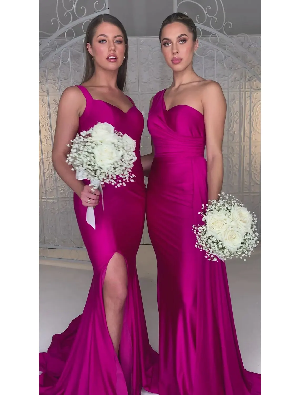 Соблазнительные атласные платья-русалки для подружек невесты с разрезом