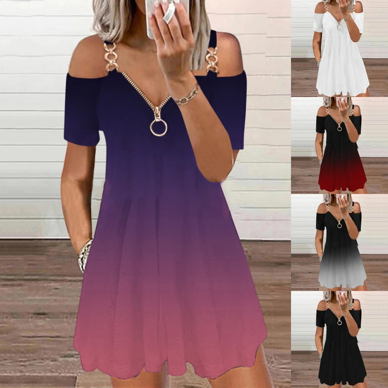 

Women Casual Sling Off Shoulder Short Sleeve Zipper V-neck Gradient Color Dress High Waist Loose Linen Solid Dress 2022 Summer