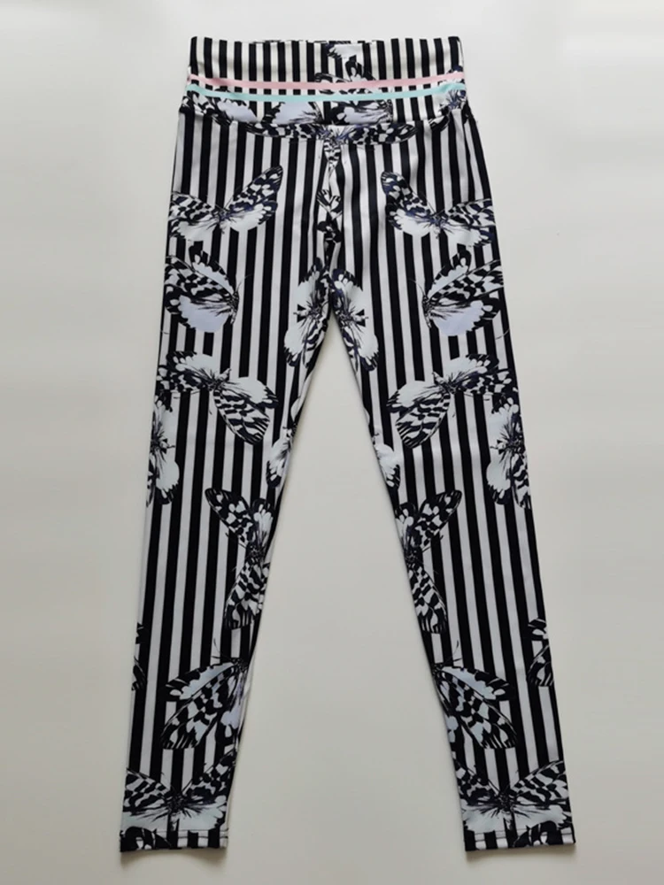 Fitness Women Yoga Pants Sport Leggings Black White Line Butterfly Digital Printed Gym Running Tights Workout High Waist