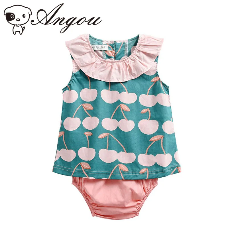 

Summer Infant Suit Baby Girl Sleeveless Top+PP Shorts 2pcs Baby Girl Set Lapel Newborn Girl Cherry Printed Baby Girl Clothes