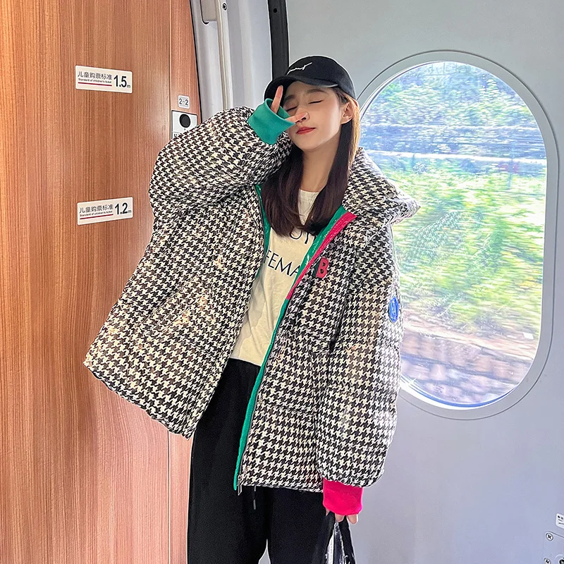 Winter Houndstooth Hooded Puffer Jackets Womens Korean Fashion Trends Chic Streetwear Teenage Girls Loose Fit Padded Warm Coats
