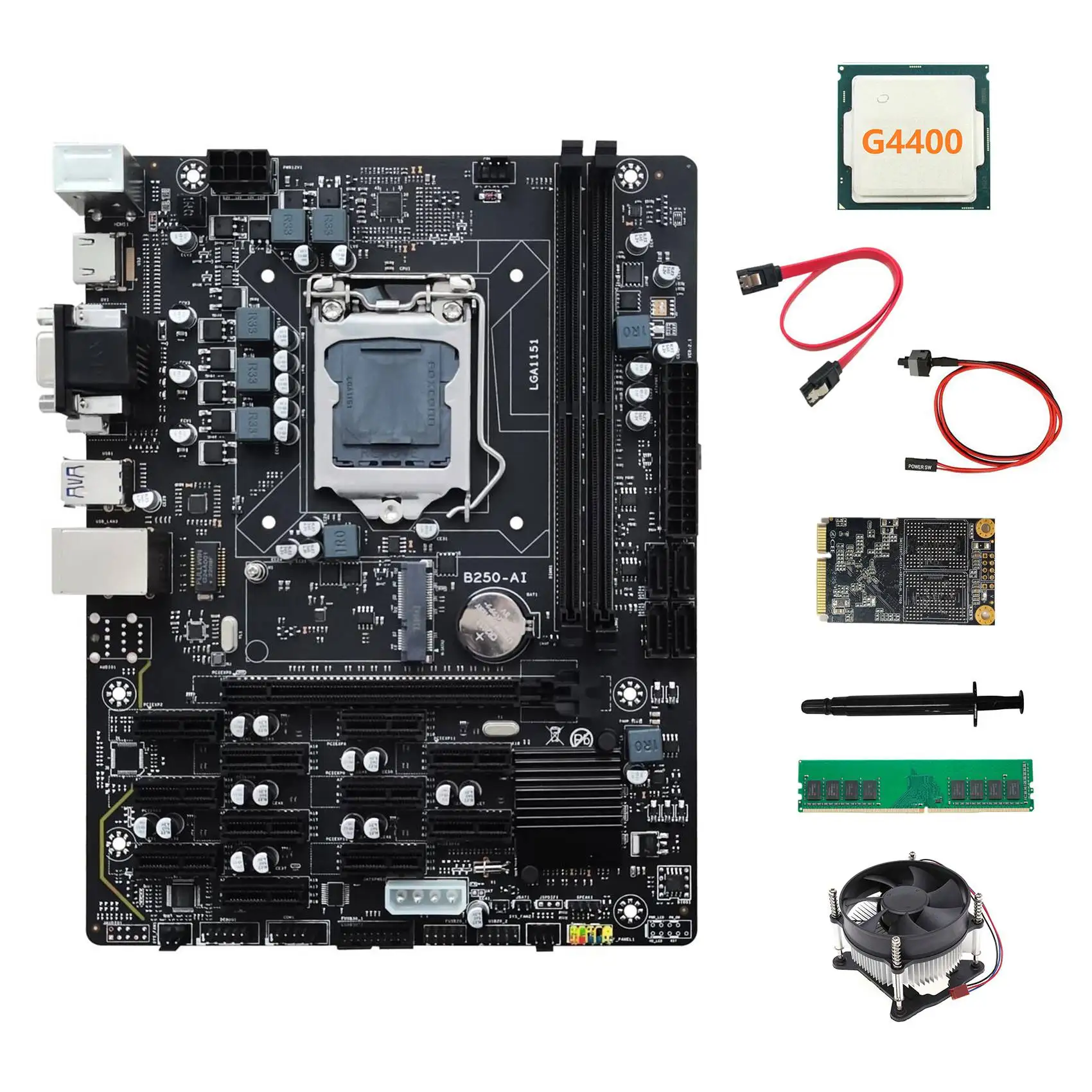

B250 V2.1 ETH Miner Motherboard 12PCIE+G4400 CPU+DDR4 4GB RAM+128G MSATA SSD+Fan+SATA Cable+Switch Cable+Thermal Grease