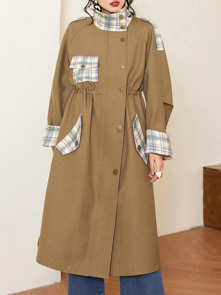 

BZVW Women's Windbreaker 2023 Autumn Vintage Spliced Contrast Color Elastic Waist Stand Collar Shoulder Badge Green Coffee Coat