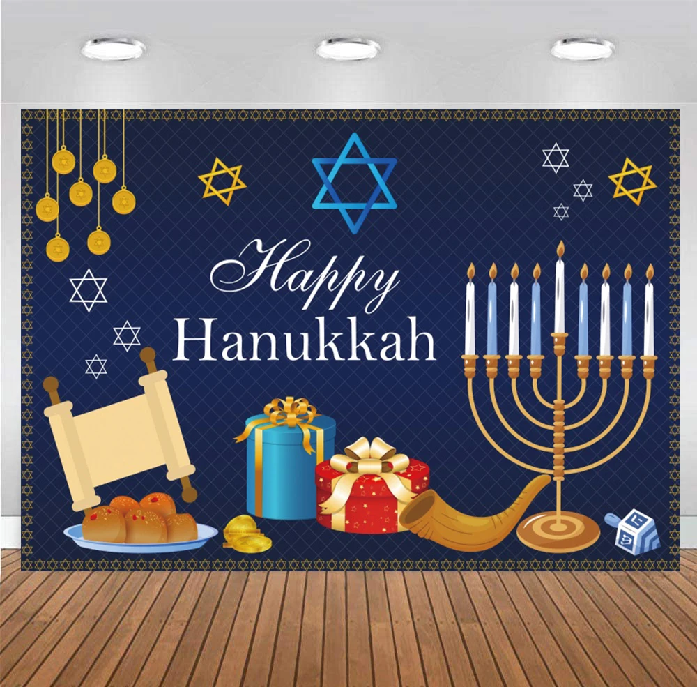 

Hanukkah Photo Backdrop Chanukah Jewish Judaism Party Lampstand Hashanah Dreidel Photography Background Menora Decoration Banner