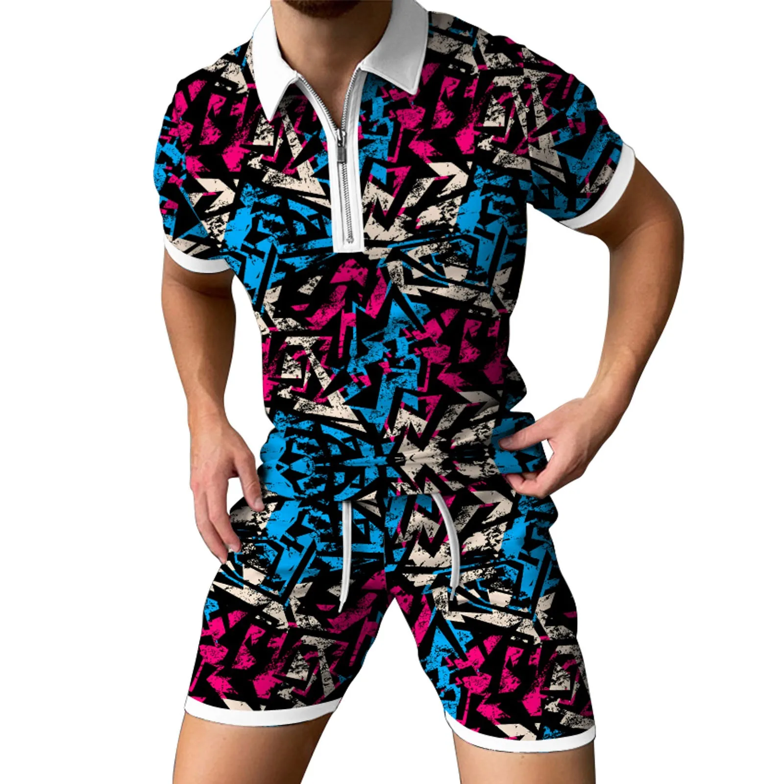 

Men Shirt Shorts Set Summer Short Sleeve Lapel Leopard Tops T Shirts Shorts Bottoms Set Tracksuit