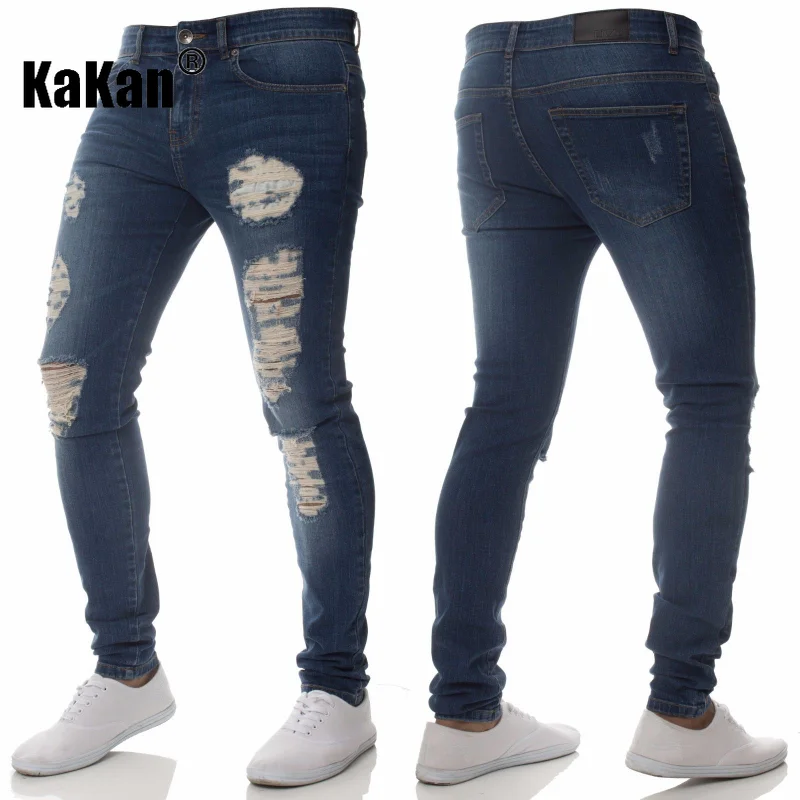 Kakan - New European and American Distressed Slim Fit Small Feet Jeans for Men, Youth Trend Stretch Long Jeans K49-082