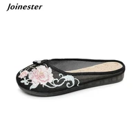 air mesh vintage summer slippers for female flat heeled ethnic embroidered women mules casual dress shoe ladies round toe slides