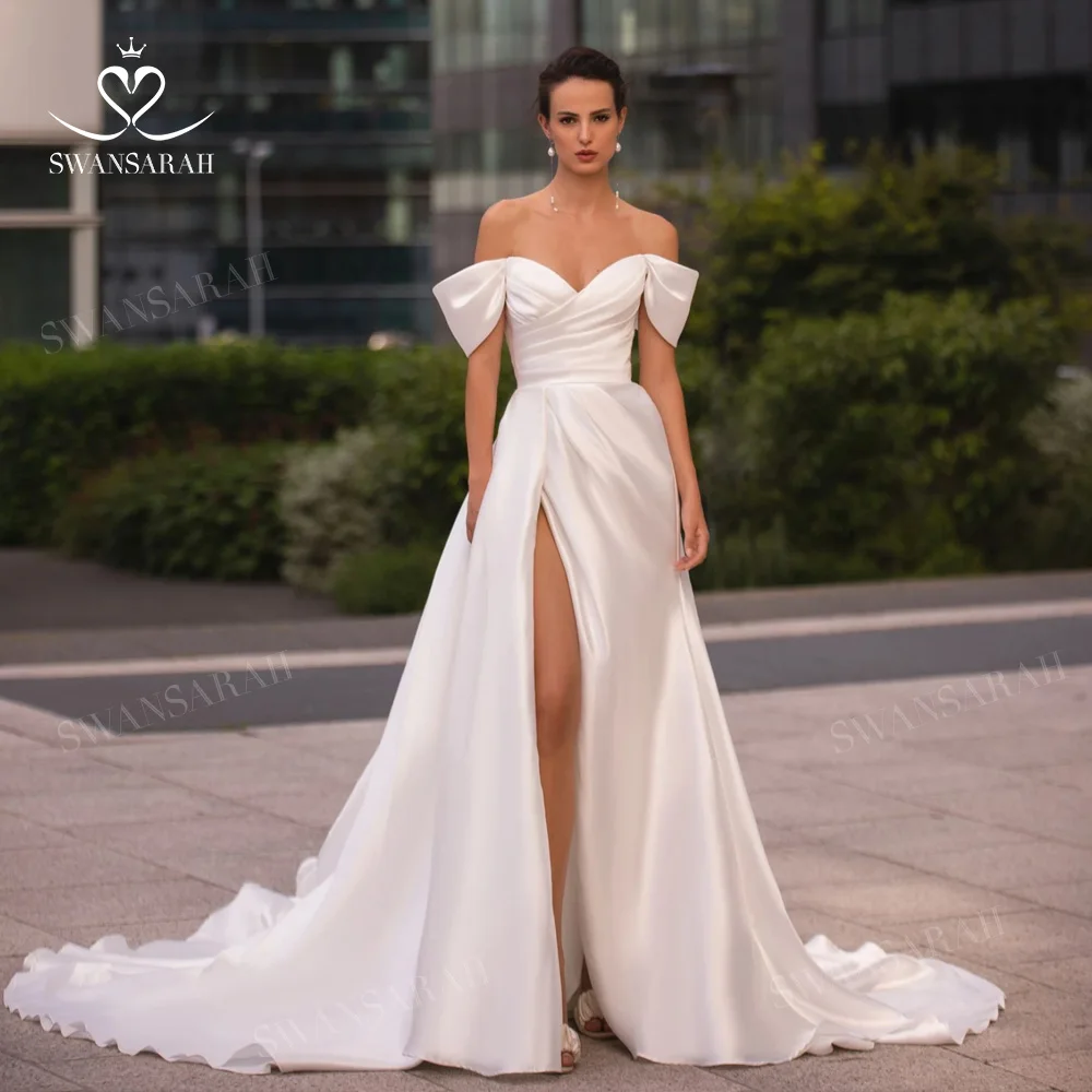 

Sweetheart Wedding Dress 2024 Off Shoulder Sleeveless Satin A-Line Princess Bride Gown SwanSarah P352 Plus Size Vestido De Novia