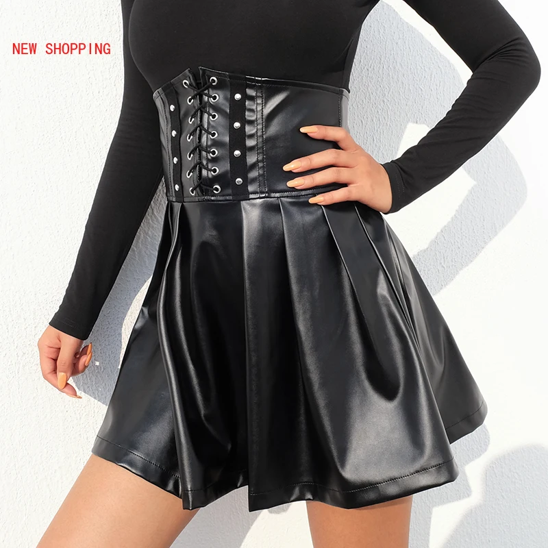 

Sexy Womens PU Lace-up Back Black Mini Pleated Skirt Dark Academia Fashion Empire Skirts Female Skinny Party Club Dancing Skirts