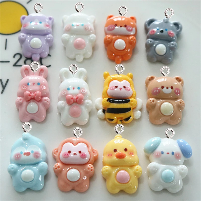 

10pcs Catoon Annimal Resin Charms Cute Rabbit Bear Cat Dog Pendant Kawaii Keychain Hanging Accessories DIY Jewelry Finding