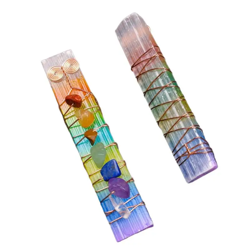 

7 Chakra Rainbow Colors Wire Wraped Raw Selenite Stick Tumbled Stones for Reiki Healing Crystals Yoga Meditation Balancing Aura