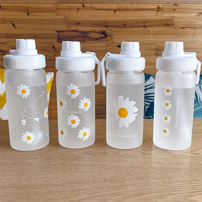 

600ml Small Daisy Transparent Plastic Water Bottles BPA Free Creative Frosted Water Bottle With Straw Travel Tea Cup
