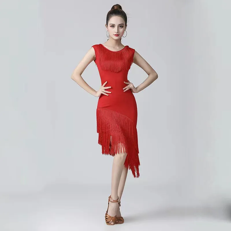 

New Sexy Short-sleeve Latin Dance Tassel one-piece dress for women/female,/girl Ballroom tango Cha Cha Rumba Costumes Red Suit