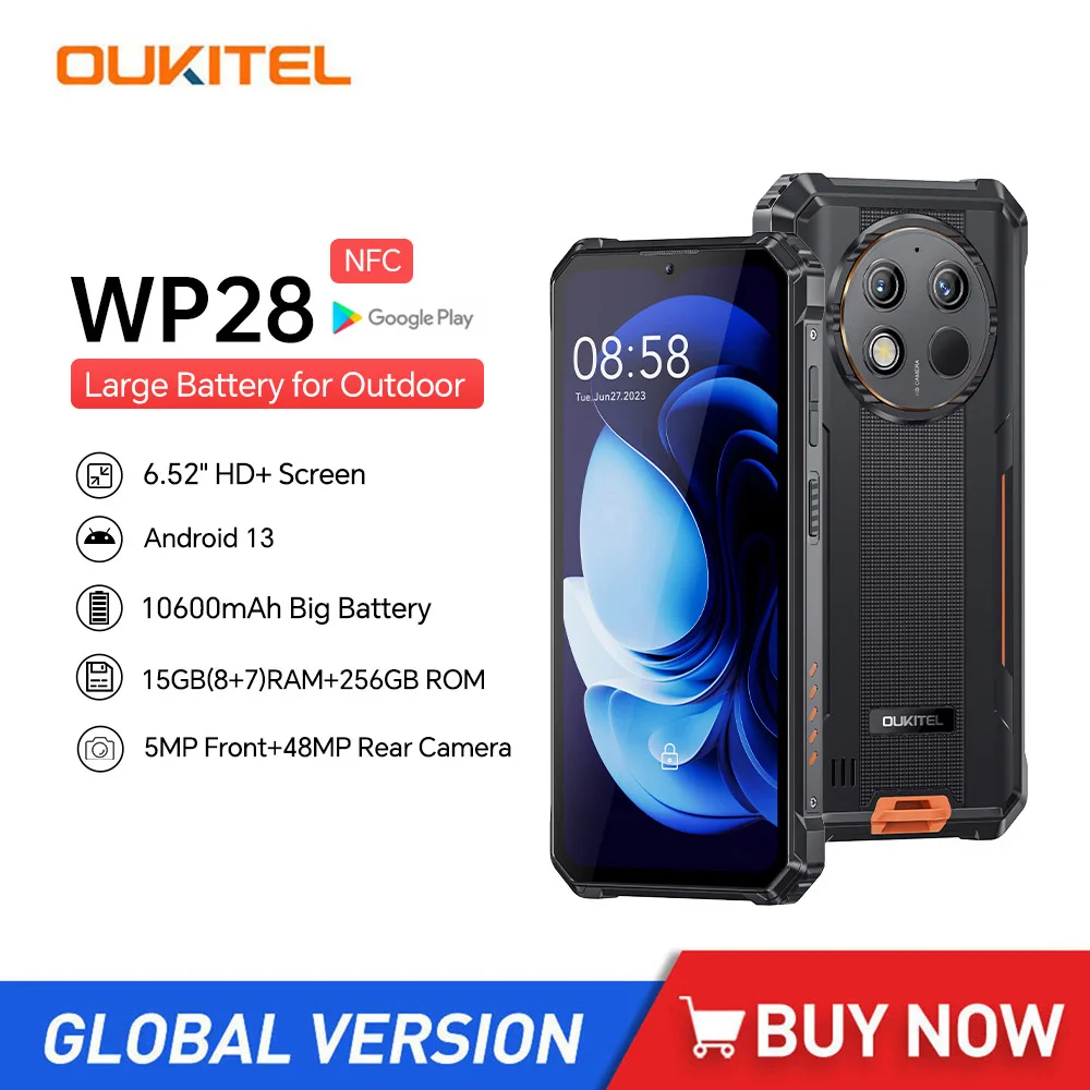 Oukitel WP28 Rugged Smartphones 6.52Inch FHD 10600mAh Large Battery 8GB+256GB Android 13 Mobile Phone 48MP Camera Cell Phone NFC