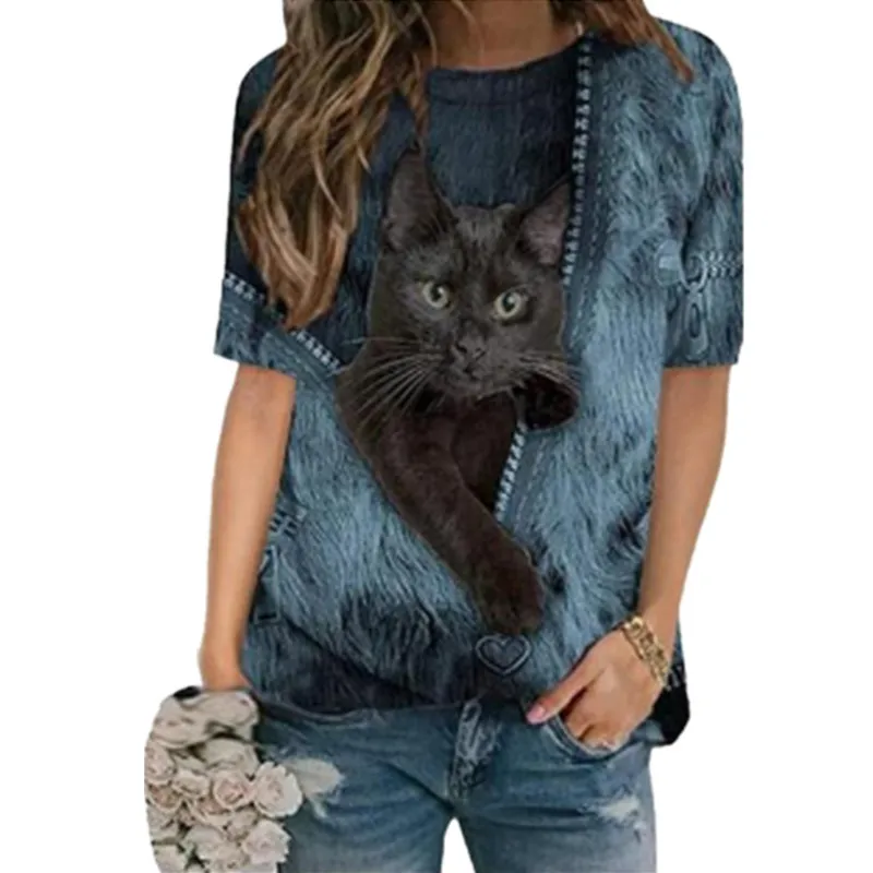 

2022 New 3d Cartoon Cat Print Pullover Women O-Neck Short Sleeve Loose T-shirt Spring Plus Size Casual Tops