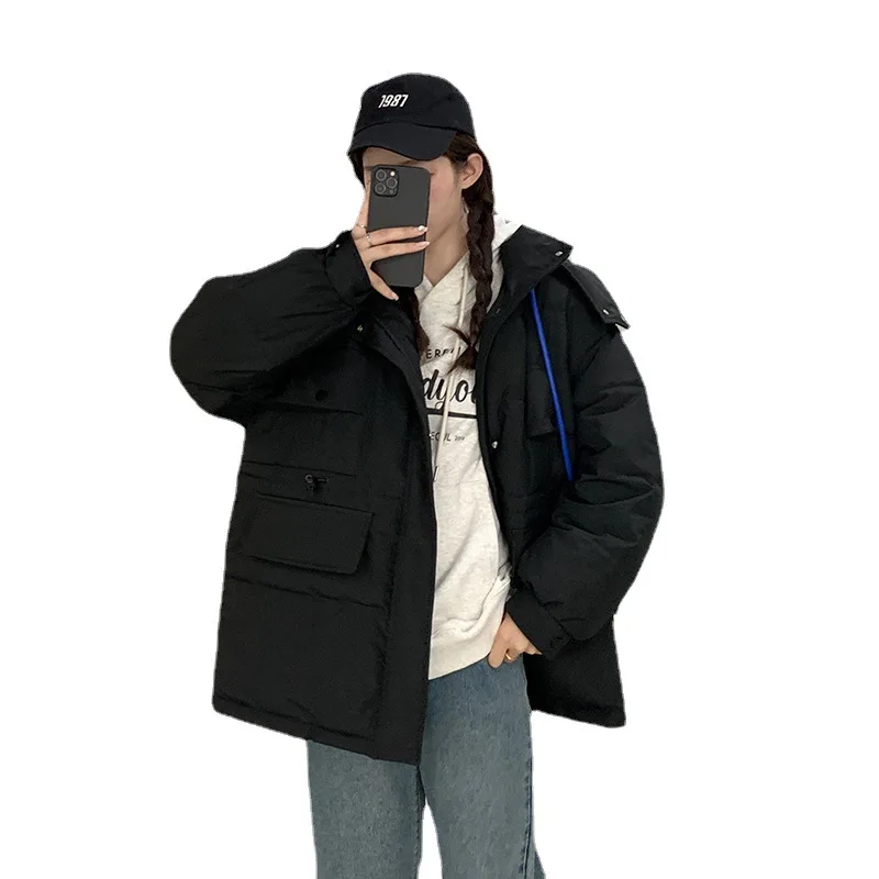 Tooling Thick Padded Winter Jacket Coat Down Cotton Women Short Style Drawstring Loose Hooded Female 2022 New Winter Clothes