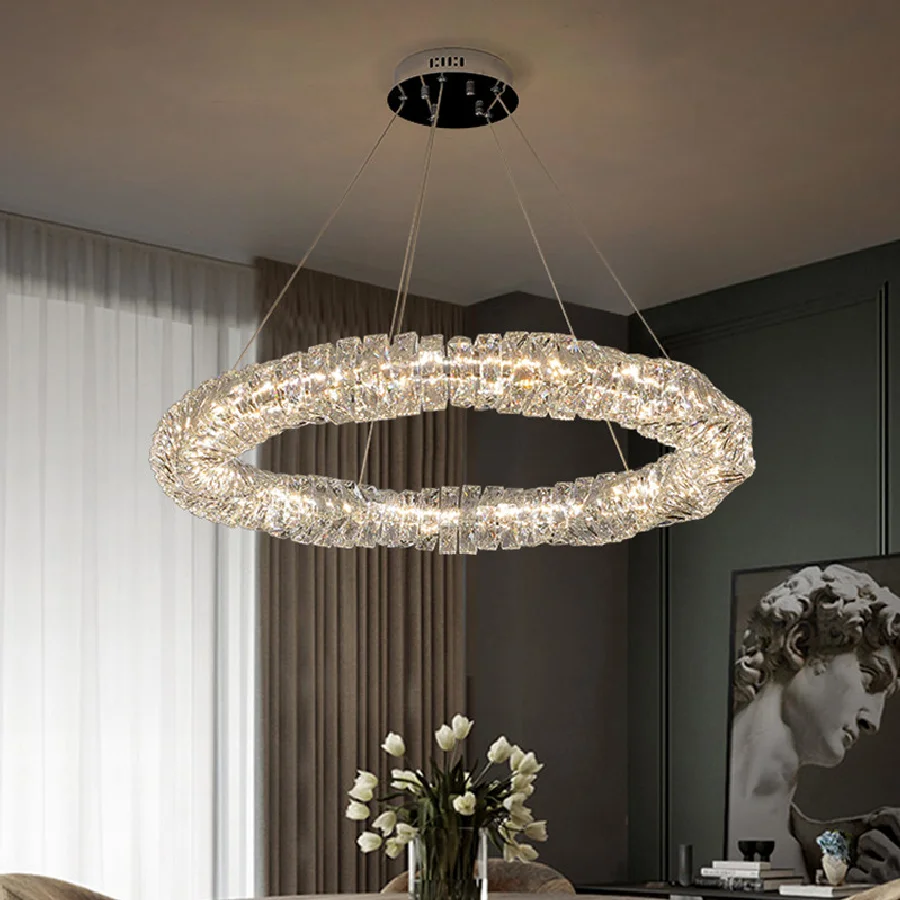 

Living Room Modern Remote Control Dimmable Pendant Lights Lustre K9 Crystal Pendant Lamp Luxury Round Steel Led Luminarias Lamp
