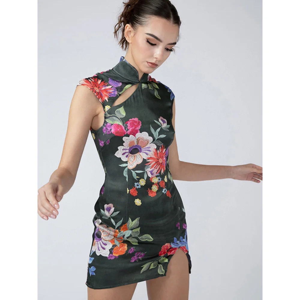 

23 Summer New Hem Slit Shoulder Hollow Digital Print Cheongsam Style Mini Dress