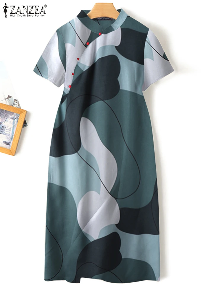 

Элегантное платье-Ципао ZANZEA с принтом, винтажное женское платье миди с коротким рукавом и воротником-стойкой, лето 2023