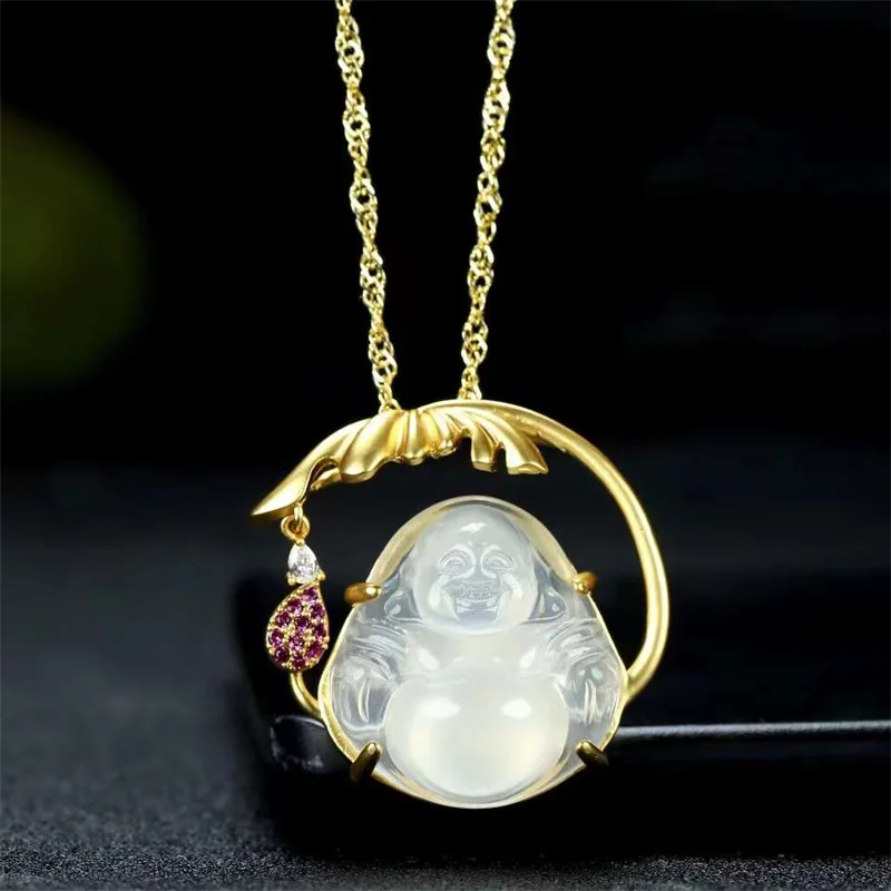 

Hot Selling Natural Hand-carved Jade Inlay Gold Color 24k Lotus Buddha Necklace Pendant Fashion Jewelry Men Women Luck Gifts
