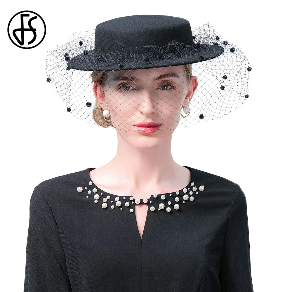 FS Female Vintage Black British Top Hats For Women With Veil Elegant Church  Formal Cap Ladies Cocktail Tea Party Millinery 2023