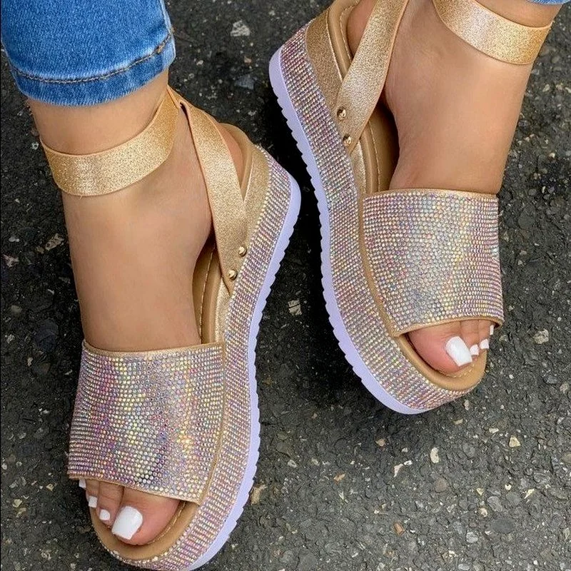 

2023 New Women Summer New Fashion Rhinestones Wedge Sandals High Heels Platform Shoes with Heel Woman Thick Sole Black Sandal 43