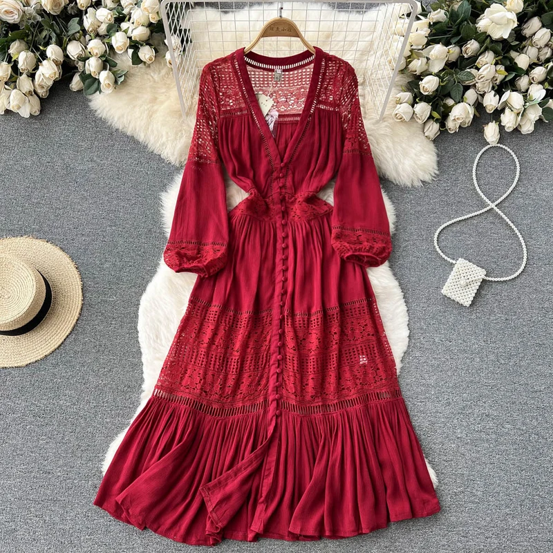 

Элегантное женское кружевное платье с V-образным вырезом, милое ажурное облегающее длинное платье макси с длинным рукавом, весеннее праздни...